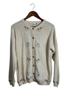 Tulchan Cream Floral Embroidered Knit Cardigan Sweater Medium Grandma